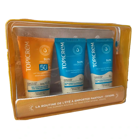 Topicrem Latte solare protettivo per il corpo 50 ml + Doposole 50 ml + Gel doccia 50 ml