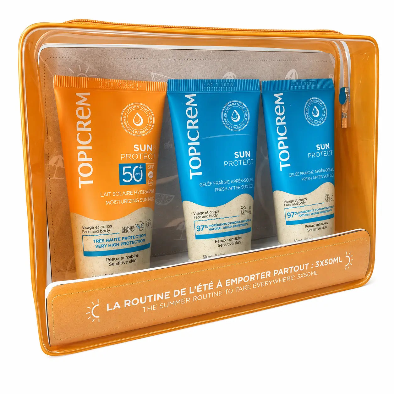 Topicrem Latte solare protettivo per il corpo 50 ml + Doposole 50 ml + Gel doccia 50 ml