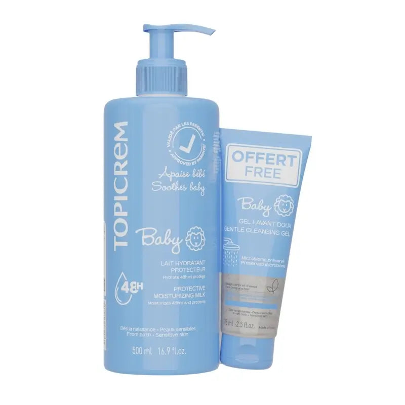 Confezione Topicrem Latte idratante per bebè 500 Ml + Gel detergente per bebè 75 Ml Regalo in omaggio