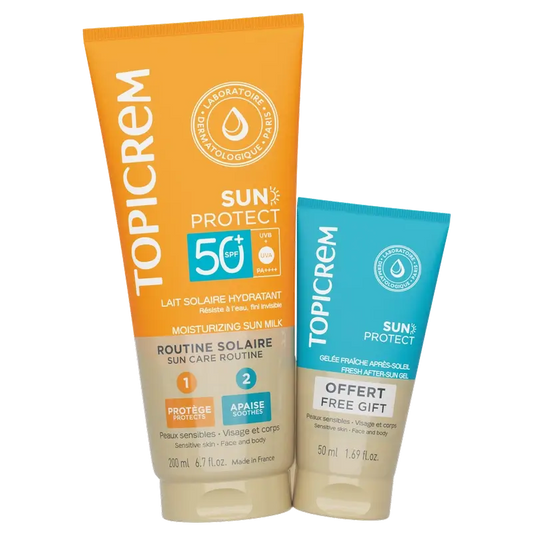 Topicrem Pack Latte solare protettivo per il corpo Spf50+ 200Ml + Doposole 50Ml in omaggio