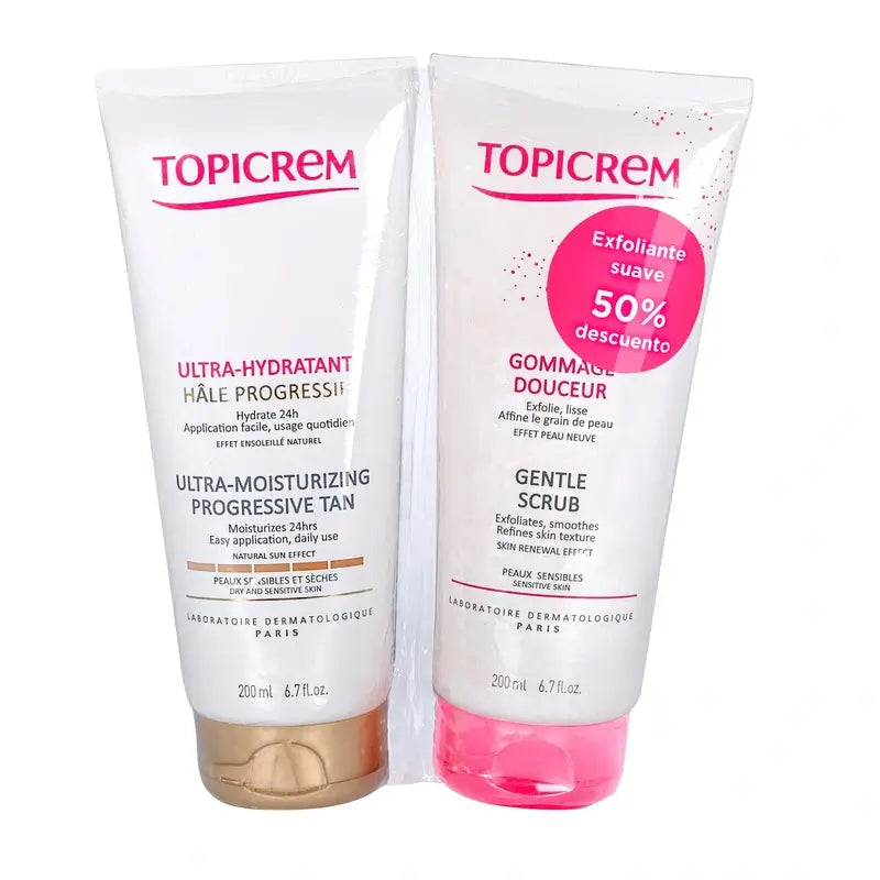 Topicrem Impacco abbronzante progressivo ultra idratante 200 Ml + Gommage esfoliante 200 Ml