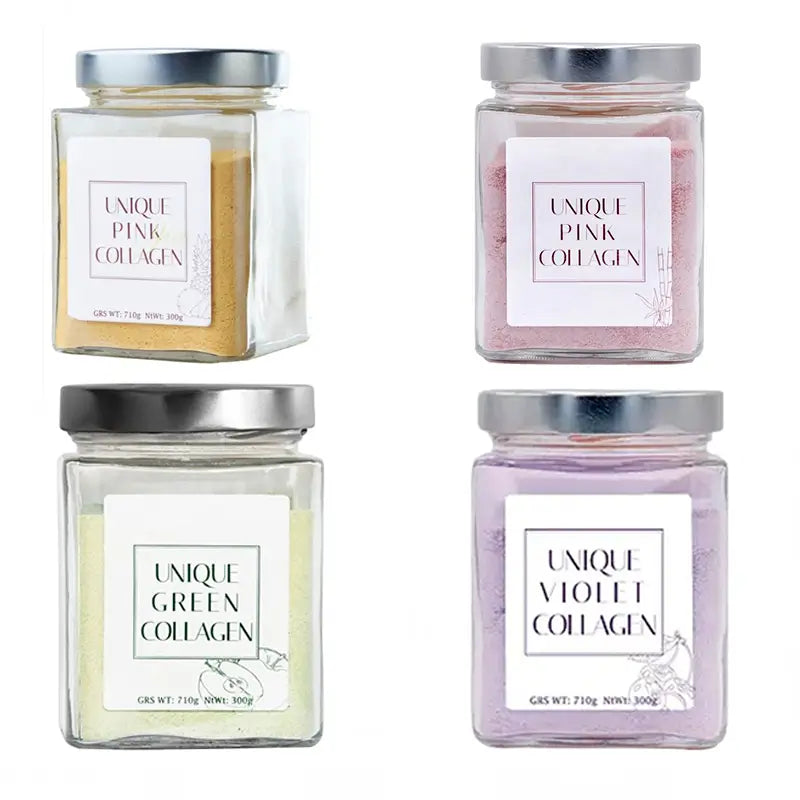 Integratore alimentare unico rosa giallo, viola, verde e rosa, confezione da 4x300 grammi