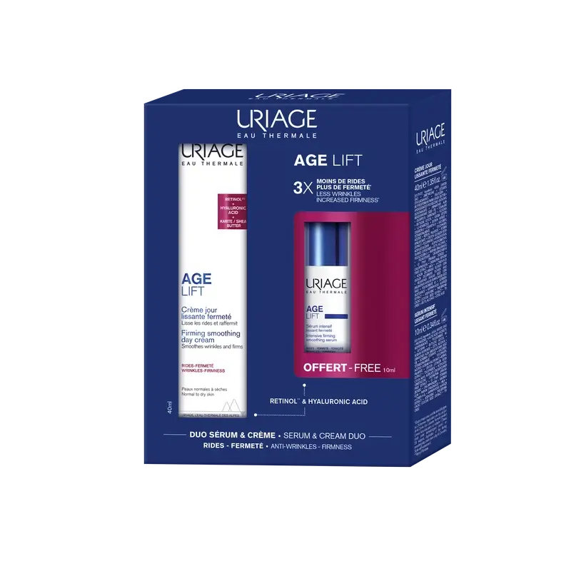 Uriage Age Lift Crema da giorno rassodante anti-età, 40 Ml + Siero intensivo anti-rughe 10Ml + Regalo