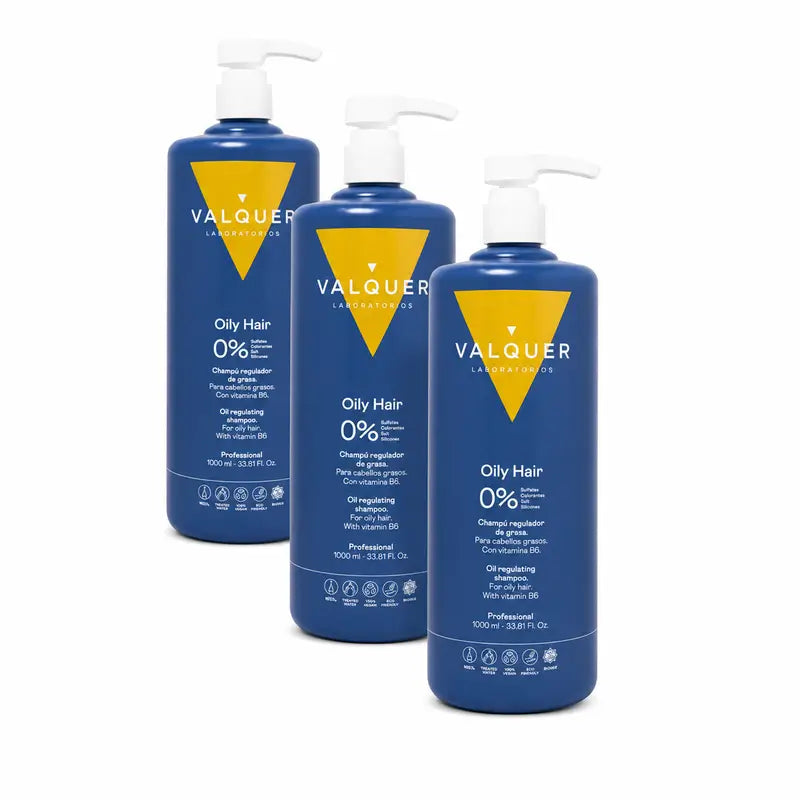 Valquer Shampoo regolatore di grasso per capelli, confezione da 3 x 1000 ml