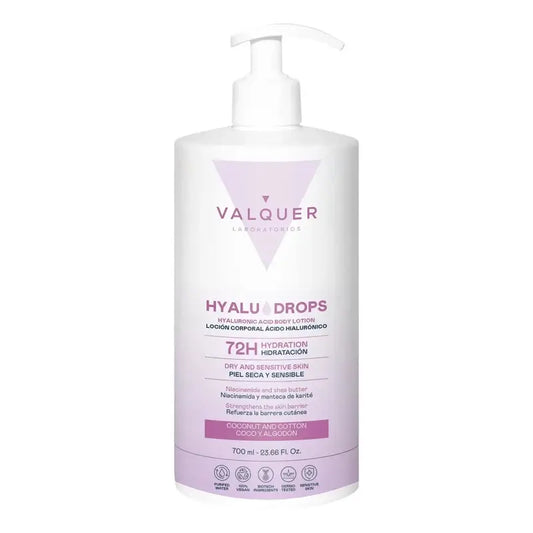 Valquer Hyaludrops Lozione per il corpo al cocco e cotone, idratazione 72 ore, 700 ml