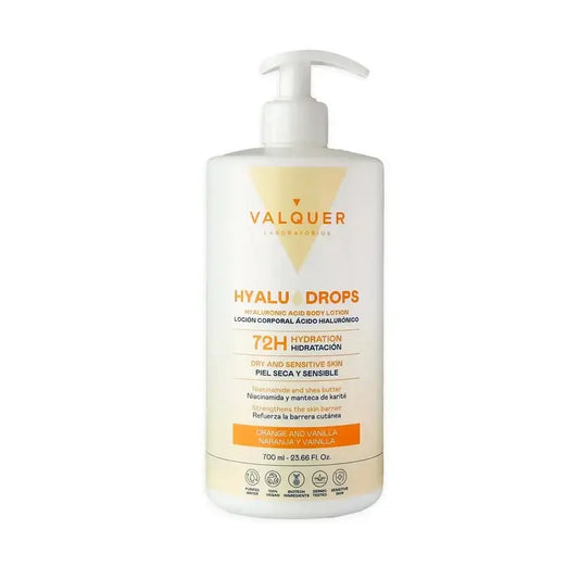 Valquer Hyaludrops Lozione per il corpo all'arancia e vaniglia, idratazione 72 ore, 700 ml
