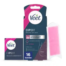 Veet Expert, strisce di cera depilatoria a freddo per il viso con burro di karité, 16 strisce
