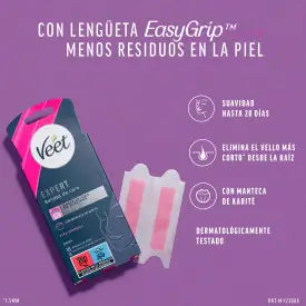 Veet Expert, strisce di cera depilatoria a freddo per il viso con burro di karité, 16 strisce