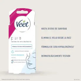 Veet Strisce di cera depilatoria a freddo Pure Pure per la depilazione del viso, 40 strisce