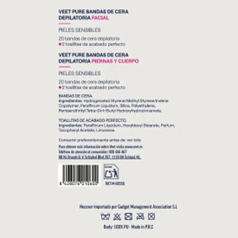 VEET Pure Toilet Bag Strisce di cera depilatoria (20 viso + 20 corpo)