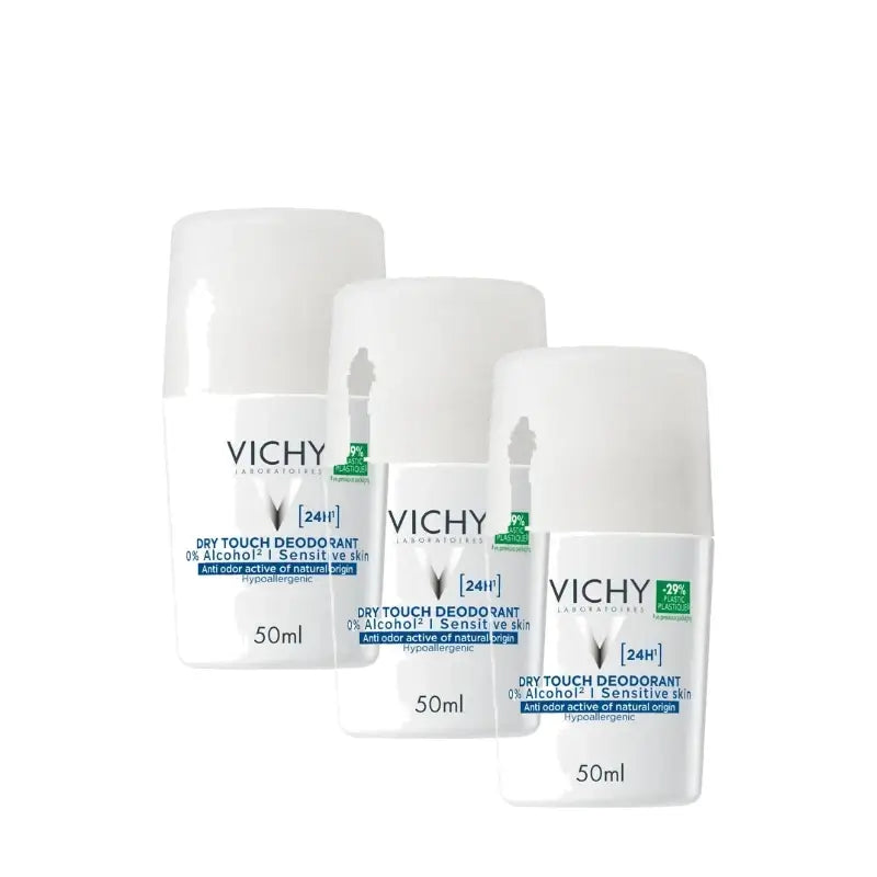 Vichy Deodorante 24 ore a effetto asciutto Roll-On 0% alcol 50 ml, confezione da 3