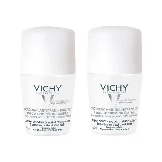 Vichy Deodorante antitraspirante 48H Roll-On Pelle Sensibile, 2X50 Ml