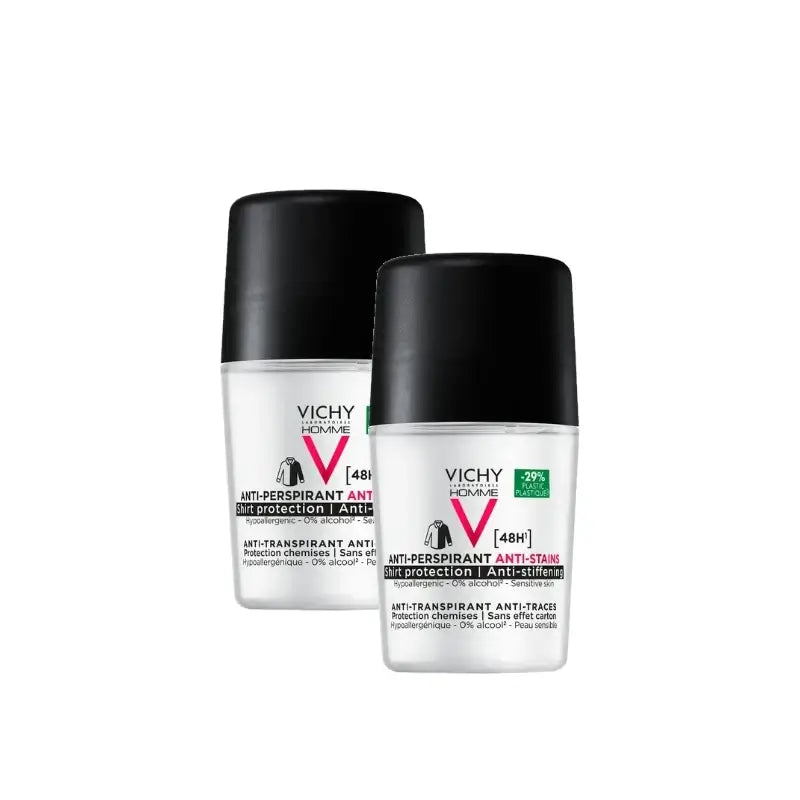 Vichy Homme Deodorante 48 ore antitraspirante e antimacchia roll-on 50 ml, confezione da 2