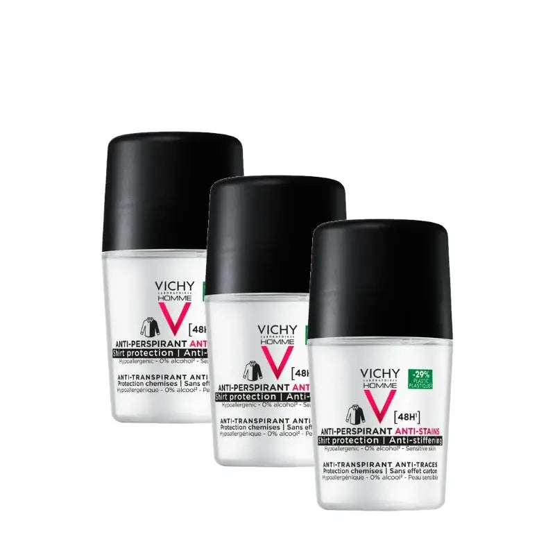 Vichy Homme Deodorante 48 ore antitraspirante e antimacchia, roll-on da 50 ml, confezione da 3