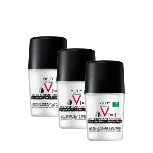 Vichy Homme Deodorante 48 ore antitraspirante e antimacchia, roll-on da 50 ml, confezione da 3