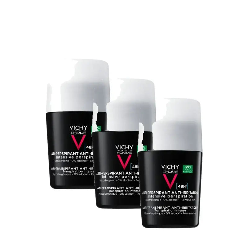 Vichy Homme Deodorante 48 ore per pelli sensibili, roll-on da 50 ml, confezione da 3