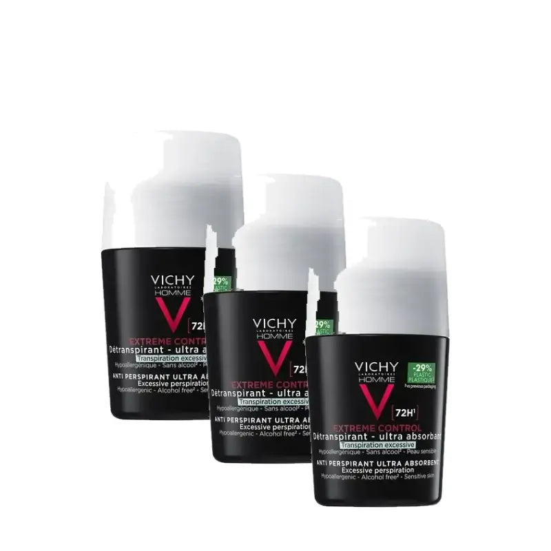 Vichy Homme Deodorante Antitraspirante Controllo Estremo 72H Roll-On 50 ml, confezione da 3