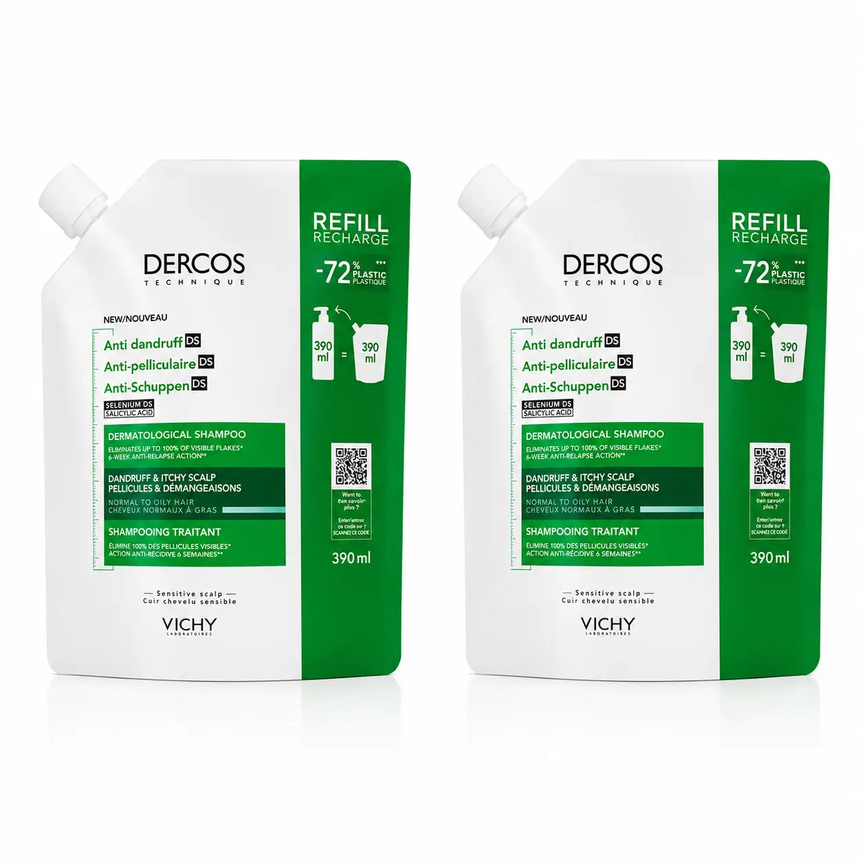 Vichy confezione Vichy Dercos Technique Ecorefill Shampoo Antiforfora Grassa, 390 Ml, x2