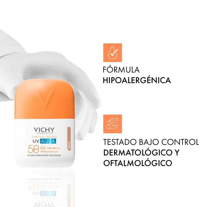 Vichy Solar Uv Aqua Fluido Idratante Spf50 Tonalità Media, 50 ml
