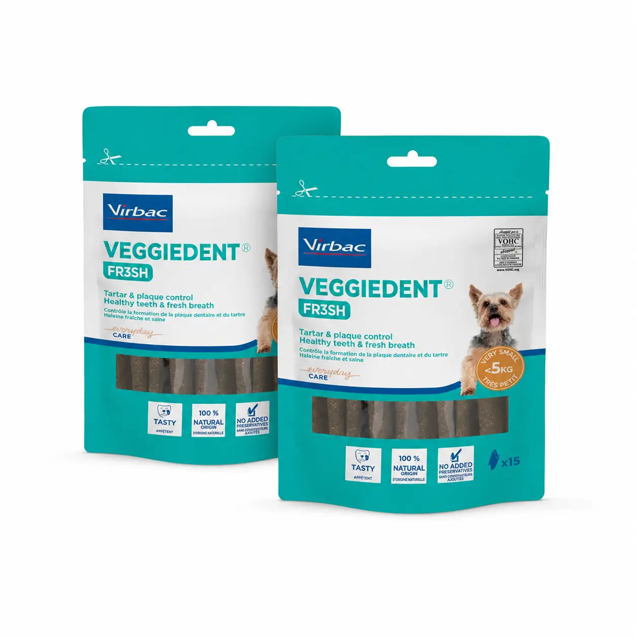 Virbac Veggiedent Fr3sh XS, snack dentali per cani di taglia molto piccola, confezione da 2 unità
