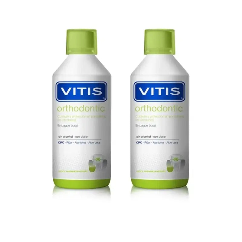 Collutorio ortodontico Vitis al gusto di menta e mela, 2X500 Ml