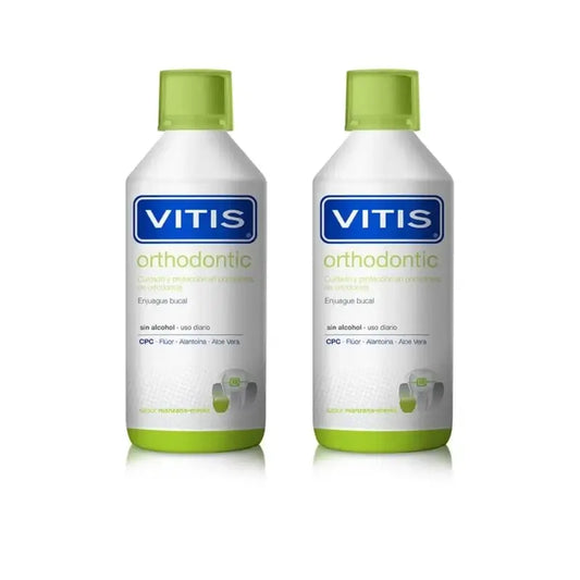 Collutorio ortodontico Vitis al gusto di menta e mela, 2X500 Ml