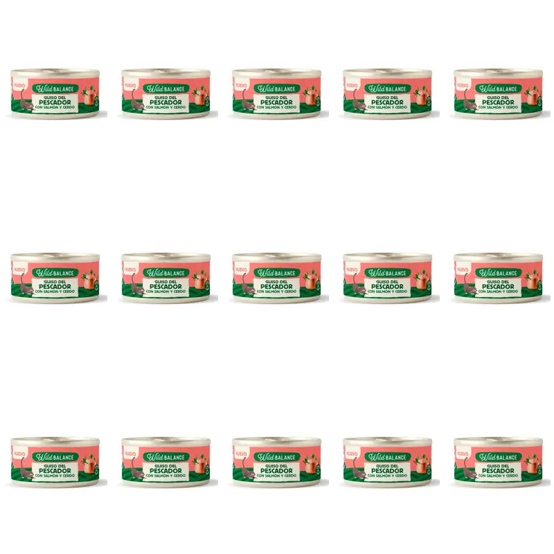 Wild Balance Stufato di pesce in scatola con salmone, maiale e verdure per gatti, 80 g, Confezione da 15