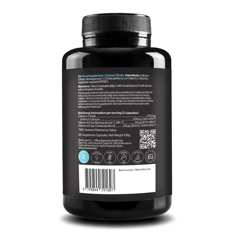 Zenement Calcio Citrato Vitamina D3 e K2, 120 capsule vegetali