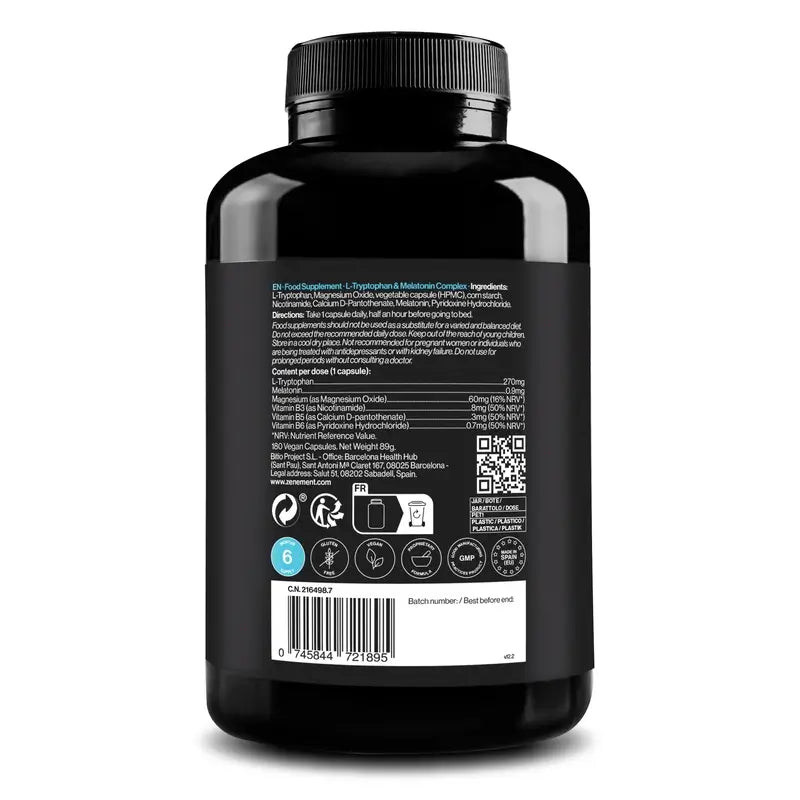 Complesso di L-triptofano e melatonina Zenement, 180 capsule vegane